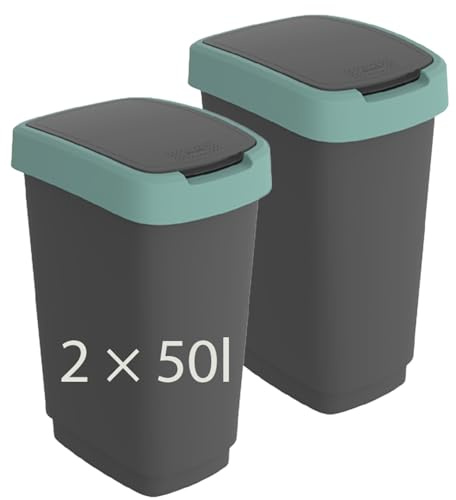 Rotho Twist Mülleimer Küche 2er-Set 2 x 50 L mit Deckel Anthrazit/Grün | Biomülleimer Küche und Papierkorb im Set, Schwing- und Klappdeckel, breiter Rand verdeckt Beutel, PP, Sticker inklusive