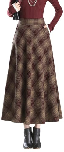Women's Wool Pleated Plaid Skirt Long Winter High Waist Elegant Tartan Warm Maxi Swing Skirts (UK, Alpha, L, Regular, Regular, Khaki Stripe)