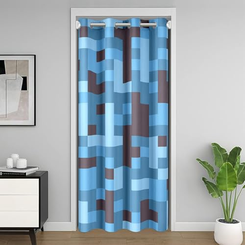 Pixel Grid Miners Kids Tür Vorhang, Reversible Gamepad Videospiele Blackout Vorhang,geometrische Schlafzimmer Tür Wohnzimmer Dekor, schwarz hellblaue Privatsphäre Vorhänge 1 Panel, H203 x B86 cm