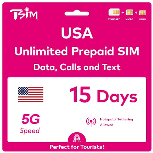 USA SIM-Karte 15 Tage. T-Mobile Netz mit unbegrenztem Highspeed-Datenvolumen in 5G/4G/LTE | Unbegrenzte Anrufe und SMS innerhalb der USA (einschließlich Hawaii). 5G SIM-Karte!