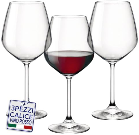 Sicignano Calice Vino D ivino in Vetro Sottile Made in Italy, Eleganti e Trasparenti, Lavabili in Lavastoviglie (3, Vino Rosso)