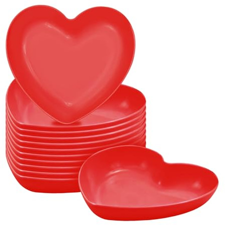 12Pcs Valentine's Day Heart Shaped Bowls, Small Heart Dishes for Snacks Dessert Appetizer Fruit Dip, Reusable Plastic Salad Plates for Dinner, Party Table Decor, Romantic Home Decoration (12, Red)
