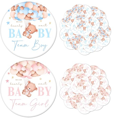 50 Pcs Bears Gender Reveal Badges Button Pins Teddy Bears Hot Air Balloon Team Boy or Girl Pins He or She Gender Reveal Decorations Pin Badge for Baby Shower Party Favor Game Supplies, 1.7 Inch (50, Teddy Bears)
