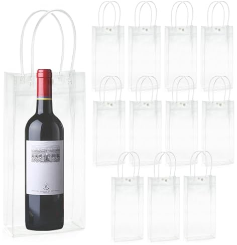 Demlaka 12 refrigeratori per bottiglie di ghiaccio: 10 x 25 x 10 cm, in PVC, trasparente, con manico per birra fredda, vino, bevande, feste, attività all'aperto, campeggio