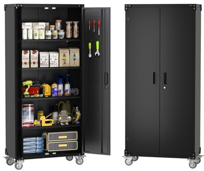 Garvee Abschließbarer Metallschrank mit Rollen – Stahlschrank mit Lochwand & 4 verstellbaren Einlegeböden – Robuste Werkzeug- & Aktenaufbewahrung für Garage, Werkstatt, Büro oder Zuhause – Mit Türen &