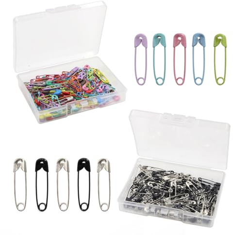 SURALIN 240 Mini spille da balia, Set di Spille di Sicurezza Piccole da 19 mm per Abbigliamento, Etichette Nome, Artigianato (Scatola Portaoggetti da 2 Pezzi) Nere e Colorate