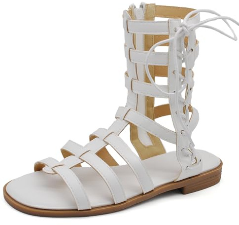 IF Sandali Gladiatore Donna alla Schiava, Stivaletti Estivi Aperti con Cinturini e Lacci, Chiusura Zip Posteriore, Sandali Romani Bassi C825 bianco N.37