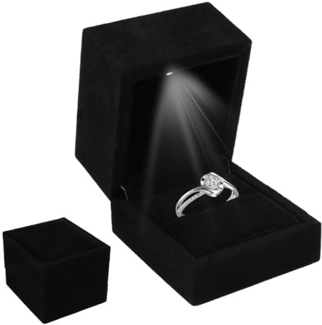 Caja para anillo con luz LED negra 6,5 x 6 x 5,5 cm, estuche de joyería de terciopelo para anillos, pendientes y colgantes pequeños, joyero elegante para compromiso, boda, aniversario y regalo