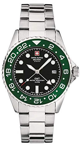 Swiss Alpine Military GMT 7052 Reloj analógico para hombre, acero inoxidable, Acero / verde / negro - 1133 sam.