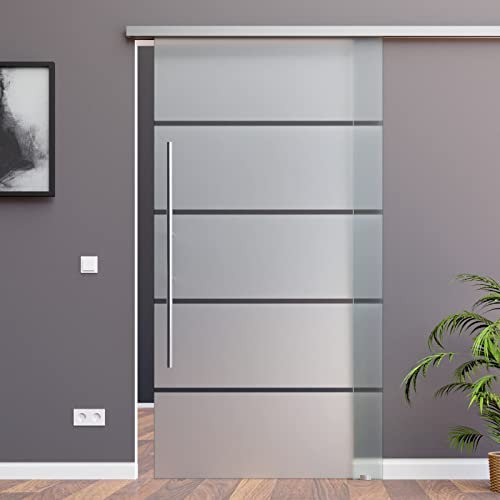 Schiebetürsystem ESG Dekor Satiniert mit klare Streifen P1-Alu mit 30mm Wandabstand (775 x 2175 mm, Soft-Close Selbsteinzug Slimline Alu-Schinensystem mit Griffstange 1000mm rund Wandseite Flach)