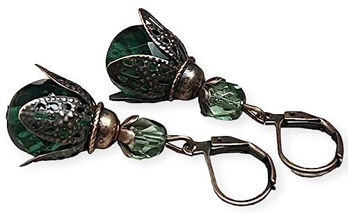 Vintage Ohrringe mit böhmischen Glasperlen - grün, emerald & kupfer, Knospen, Blüten