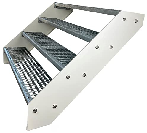 Kaminbau Mierzwa Premium Stahl Treppe Verzinkt & Weiß Pulverbeschichtet 4 Stufen (Breite 80 cm) (Höhe 76 cm) Wetterfest Gitterroststufe Gartentreppe