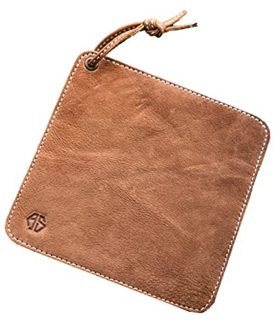 Topflappen aus Büffelleder - Echtleder - handgemachte und hitzebeständige Küchentopf-Lappen/Halter & Topfuntersetzer Leder mit Schlaufe zum Kochen & Backen Fran (Braun)
