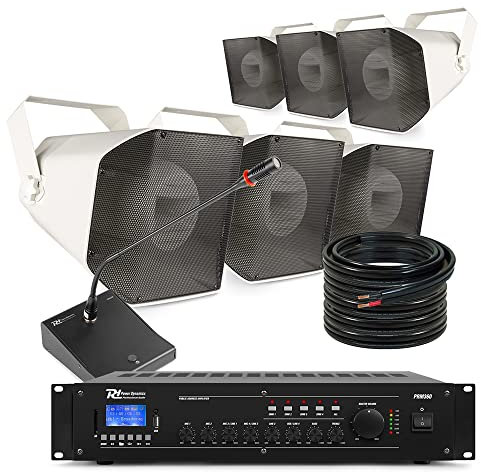 Power Dynamics HS650 Outdoor Horn Speaker System - 6 Full-Range Commercial Outdoor Speakers, Weatherproof IP66, PRM360 Bluetooth Amplifier, Paging Microphone & Cable Set