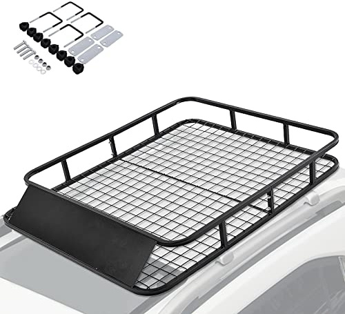 GiantexUK Roof Rack Basket Tray, Steel Luggage Cargo Carrier with Bars & Wind Fairing, Rooftop Luggage Holder for Car SUV Truck Jeep (123x102x14cm, 75kg Capacity)