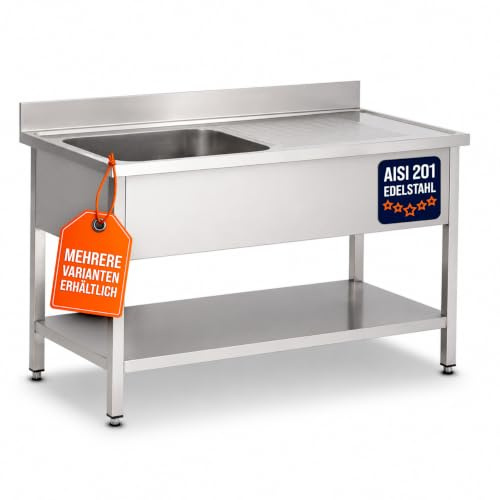 GastroHero Spültisch, Becken links, 120x60 cm, Edelstahl SPT-BASIC12X6L | Abtropffläche rechts, mit Grundboden, 100 mm Aufkantung, 1 Becken, nach Hygiene- und Sicherheitsrichtlinien produziert