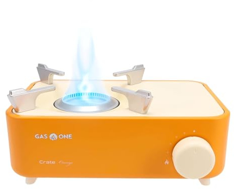 Gas One Butane Fuel Camp Stove – Crate Series - Mini Stove for Camping, Hiking – Portable Gas Stove with Spiral Flame – Even Heat Distribution – Modern and Easy to Use (Orange)