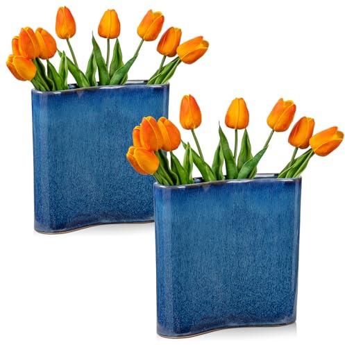 2er Set Blau Keramik Vase für Blumen, Blumenvase Buchform Vasen Blumen Deko, Moderne Keramische Vase für Heimdekoration Wohnzimmer Büro Rose Tulpen Tafelaufsätze Tischdeko (Platz)