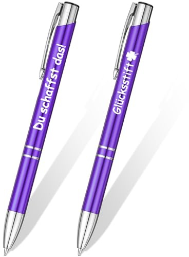 Tenare 2 Stück Inspirierende Kugelschreiber Metall Glücksstift, Lila | Glücksbringer Druckkugelschreiber mit Gravur, Prüfung Du Schaffst Das Geschenke, für Lehrer Kollege