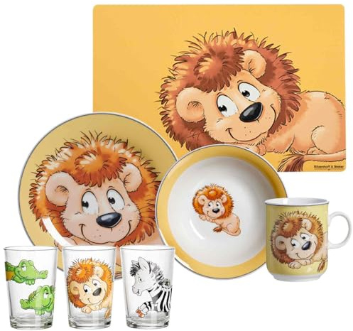 Ritzenhoff & Breker Kinder-Set Happy Zoo Löwe 7-teilig, Porzellan-Kindergeschirr mit Schale Becher Teller, Kindergläser 205 ml, Platzset 45 x 30 cm, Gedeckter Kindertisch mit Tier-Motiven