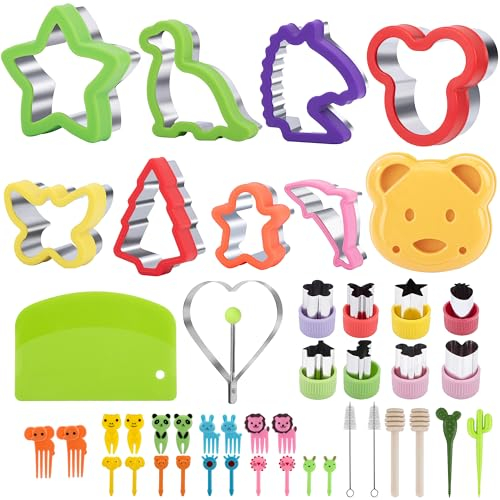 Ausstechformen Kinder Set, 45stk Sandwich Ausstecher Brot und Gemüse, Edelstahl Brotausstechformen mit Food Picks Obstgabeln, Komfortgriff Abnehmbar, Dinosaurier Einhorn Dino Stern Formen