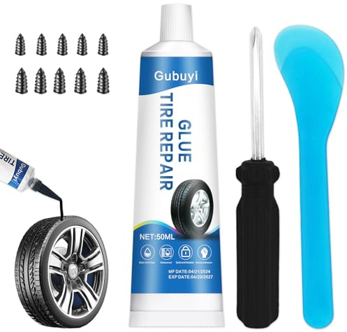 Colle Pneu Voiture,Colle Reparation Pneu,Reparation Pneu Voiture,Colle pour Caoutchouc Pneu,Réparez les Fissures,Trous et le Pelage des Pneus de Voiture,Vélo,Moto,Avec 10 Clous Réparation Pneus
