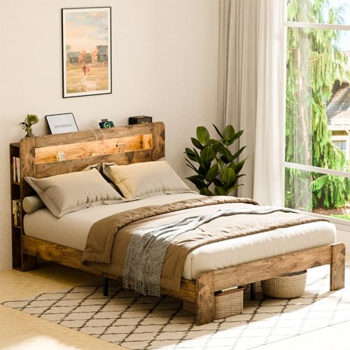 Zevemomo Full Size Bed Frame with LED Lights, Full Bed Frame with Headboard, Charging Station with 2 USB Ports & 2 AC Outlets, Sturdy Wood Framework, No Noise, Rustic Brown (Rectangular Slot)
