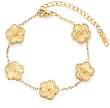 TICVSS Four Leaf Clover Bracelet for Women 18K Gold Plated Stainless Steel Lucky 4 Leaf Gold Link Bracelet Jewelry Gift for Women (Gold)