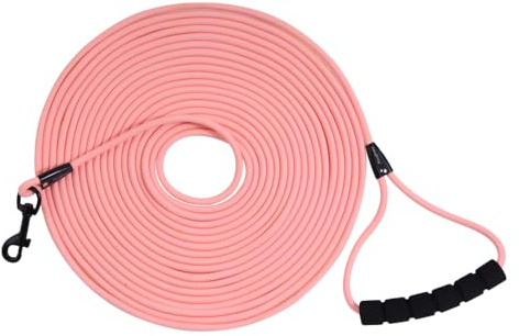 Longe pour Chien, Laisse de Dressage extérieure Robuste en PVC, avec poignée rembourrée et Sac de Rangement, Longue Corde pour Animal de Compagnie (Rose, 5M)