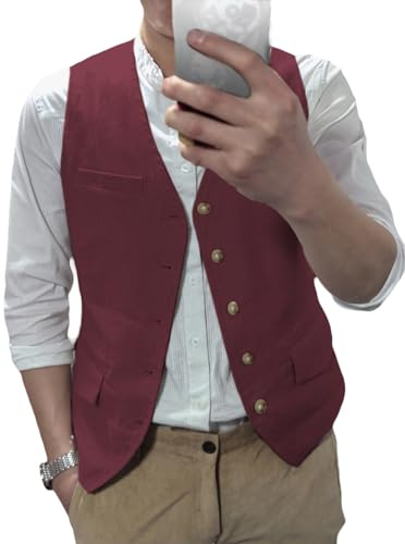 AeoTeokey Herren Sommer Leinenweste Anzug Weste Freizeit Party Weste Regular Fit(Burgundisch,L)