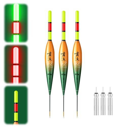 Lergas 3 Stück LED Posen Angeln, Posen Angeln mit Schwerkraftsensor und Metallsockel, LED Posen mit Batterie, Angelzubehör zum Angeln am See, Fluss oder Teich (20g Schwimmfähigkeit)