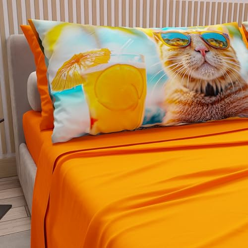 PETTI Artigiani Italiani - Lenzuola Animali con Gatti in Cotone con Federe in Stampa Digitale, Lenzuola Letto Singolo, Completo Letto Singolo Arancio, 100% Made in Italy