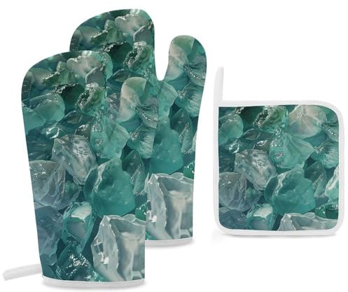Ofenhandschuhe und Topflappen, 3-teiliges Set, Ofenhandschuh, weißer Zuckerstein, Ofenhandschuh, hitzebeständig, Küche, Ofenhandschuhe zum Kochen, heiße Pads, rutschfeste Kochhandschuhe zum Backen,