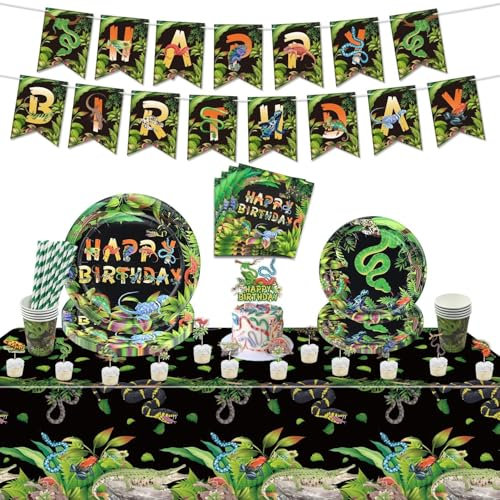 115er Set Reptil Party Dekorationen - Inklusive Teller, Servietten, Tassen, Geburtstag Banner, Kuchen Topper für Dschungel Safari Eidechse Sumpf Reptil Geburtstag Party Supplies, Serviert 20