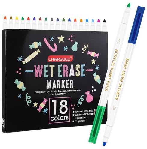CHARSOCO Wischfähige Marker, 18 Farben Whiteboard-Marker, geruchsarme wischfähige Stifte mit 1-2 mm feiner Spitze, ideal zum Beschriften von Whiteboards, Glas, Spiegeln, für zu Hause, Büro und Schule