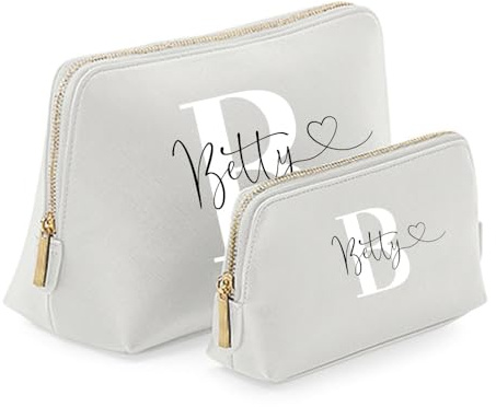 Sprinkle & Style HANDMADE BOUTIQUE Kosmetiktasche mit Initial, Namen und Herz grau, Groß, Klein, im Set, veganes Leder Saffiano Optik (Klein (18 x 11 x 4,5 cm), Grau)