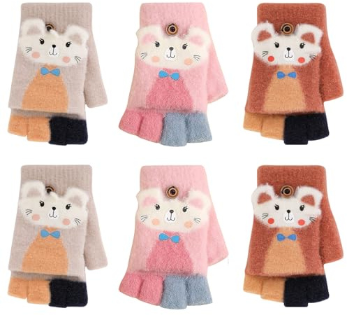 QKURT 3 Pairs Kids Fingerless Gloves Convertible Flip Top Gloves Knitted Half Finger Gloves Winter Warm Mittens Stretch Magic Gloves for Boy Girls 5-12 Years Old