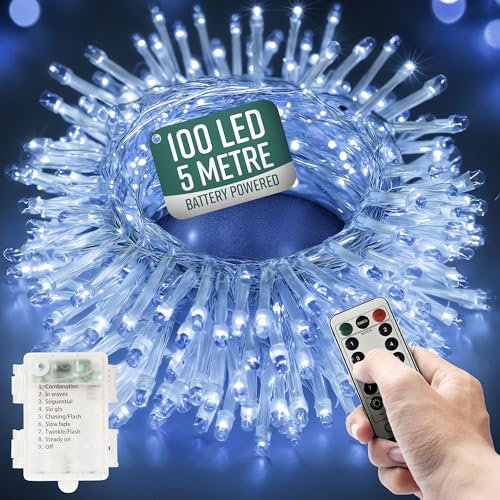 Globirite Garden Fairy Lights Battery Operated - 100 LED String Lights with Remote - 8 Lighting Modes - Battery Fairy Lights Indoor & Outdoor - Bedroom Aesthetic - (Cool White LED)