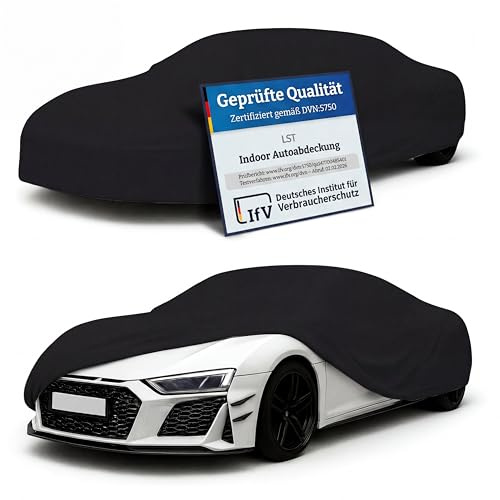 LST Autoabdeckung Indoor – lackschonende und Dehnbare Autogarage. Car Cover Innenbereich für Autohäuser und Endverbraucher. Auto Abdeckplane schützt vor Sonne, Staub. (Schwarz, XXL (540x175x120cm))