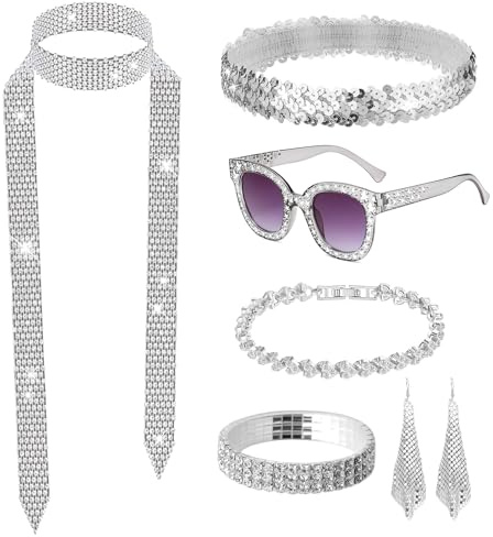 Oerphh 7 Stück 70er Jahre Disco Zubehör 70er 80er Disco Outfit Damen Accessories einschließlich silbernem Haarband Ohrringen Herz-Armband Brille Schal geeignet für Karnevalsparty