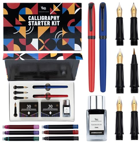 Wordsworth och svart kalligrafi penna set – blå – inkluderar 2 kalligrafipennor, 18 ml bläckflaska, 60 bläckpatroner, bläckpåfyllningsomvandlare, 1 medium och 4 breda spetsar, penselpenna