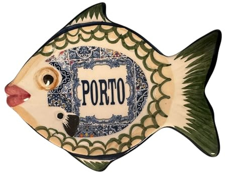 Portugal handbemaltes Azulejos goldenes Fischtablett zum Aufhängen an der Wand – portugiesisches Töpfertablett für Vorspeisen, Humus, Oliven, Saucen, Touristengeschenk aus Portugal (klein) (grün)