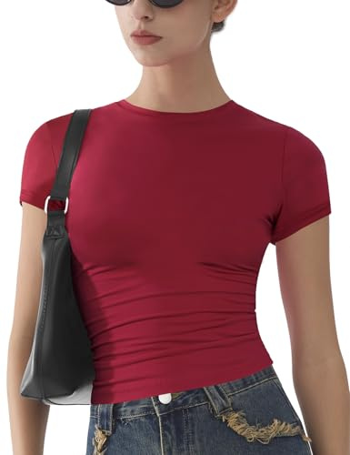 T- Shirts Femmes Basique À Manches Courtes Slim Fit Doux Crewneck Crop Y2k Tees D’été Extensible Mignon Tops Rouge M