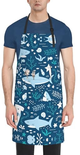 VPPUR Delantal de trabajo con estampado de peces azules de 28 x 33 pulgadas, impermeable, para adultos, elegante delantal de pintura funcional, Negro -, talla única