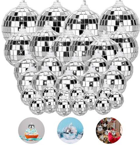 Tranrantic 32 Pezzi Palla Discoteca per Torte Decorazioni,4 Taglie Disco Ball Decorazioni,Palle da Discoteca Stroboscopica,Specchio Decorativo Sfera per Feste e Matrimonio(Con Corda)