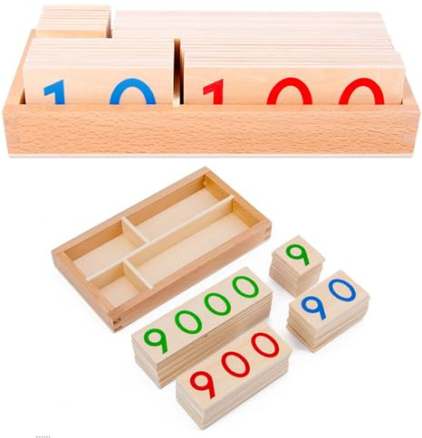 Tarjetas numéricas 1-9000 tarjetas de madera con caja de bloques pequeños juguetes educativos juguetes de conteo educativo para niños aprendizaje preescolar de juegos de matemáticas básicas.