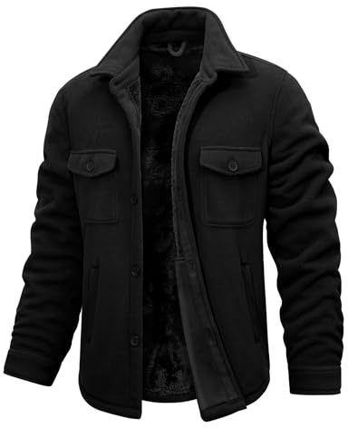 Xnova Veste Doublé en Polaire Chaud Blouson Homme Hiver mi Saison Militaire de Coupe-Vent Épaissir Chemise en Flanelle Manches Longues avec Poches et Boutons, Noir, XL