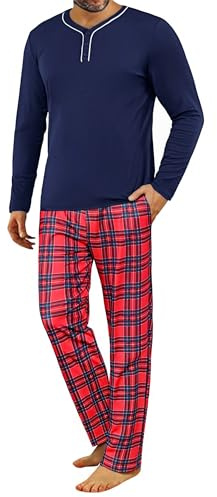 Demegimi Pyjama Homme Long en Coton à Carreaux Ensemble de Nuit Confortable avec Haut à Manches Longues et Pantalon