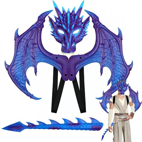 PASLFC Drachenkostüm 3 Stücke,Drachen Kostüm Erwachsene, Drachenflügel Kostüm, Drachen Maske, Halloween Drachenflügel Set, Dinosaurier Cosplay Set für Karneval Party