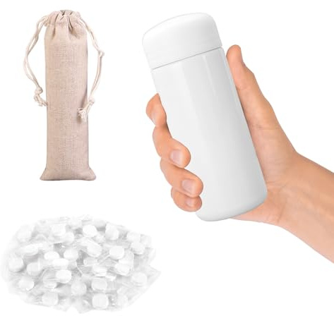 Mini Gourde Isotherme 150ml, Petite Bouteille Isotherme en Acier Inoxydable, Mug Isolation Portable, avec 20 Comprimés Nettoyage, Sac à Cordon pour Tasse, Petite Gourde, pour Outdoor, Travail (Blanc)